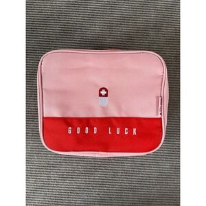 Good Luck Pink Canvas Travel Toiletry Organizer Bag Pill Embroidery Red Accent
